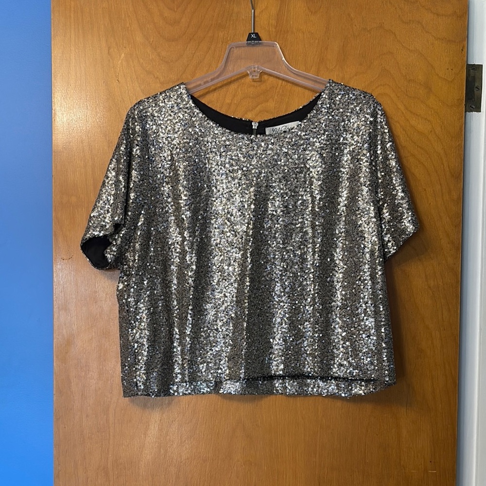 Lela Rose Sequin Silver Crop Tee